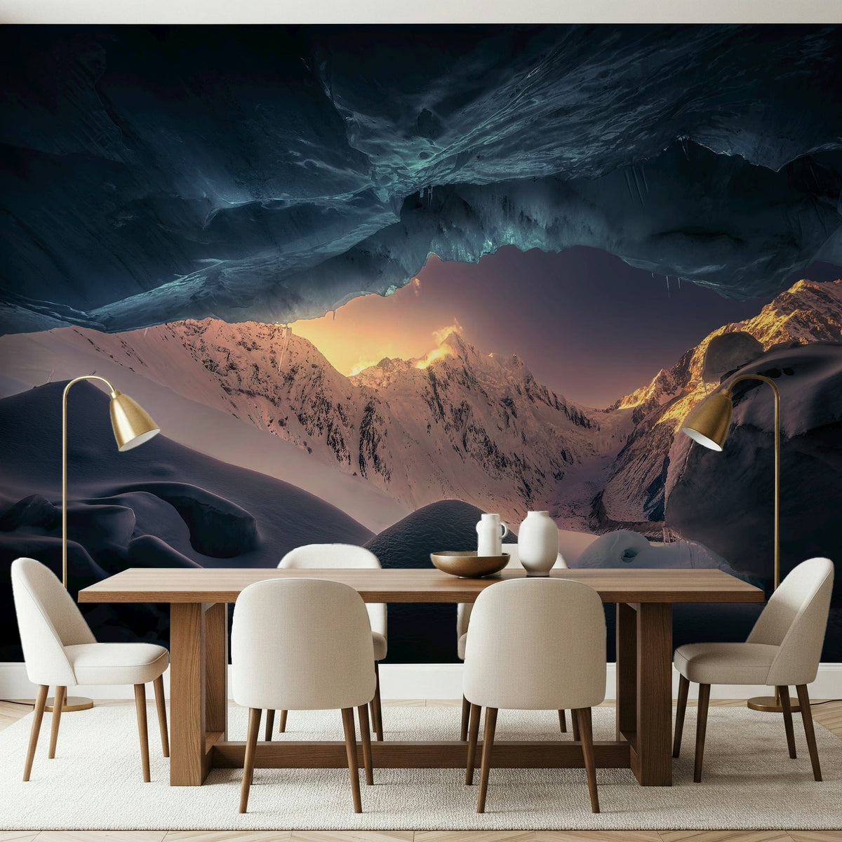 Frozen Kingdom Vista wallpaper mural of a glowing ice cave and sunlit peaks behind a wooden dining table with cream chairs