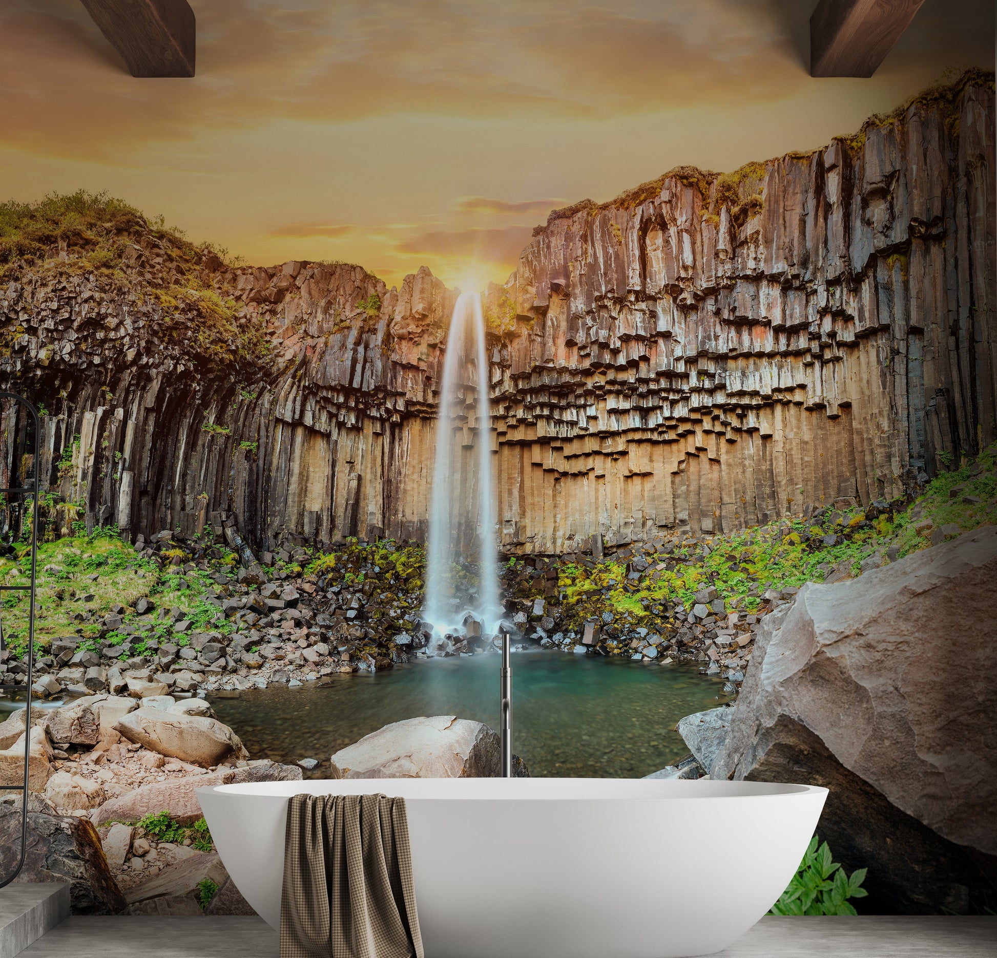 Iceland waterfall wallpaper mural with basalt columns.