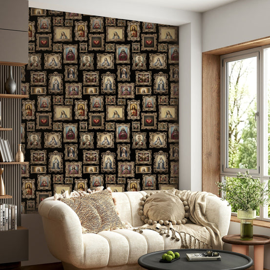 Each frame holds a subtle, stylized religious icon or symbol.
