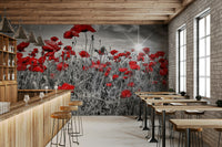 Idyllic field of poppies wall mural with bright sun


