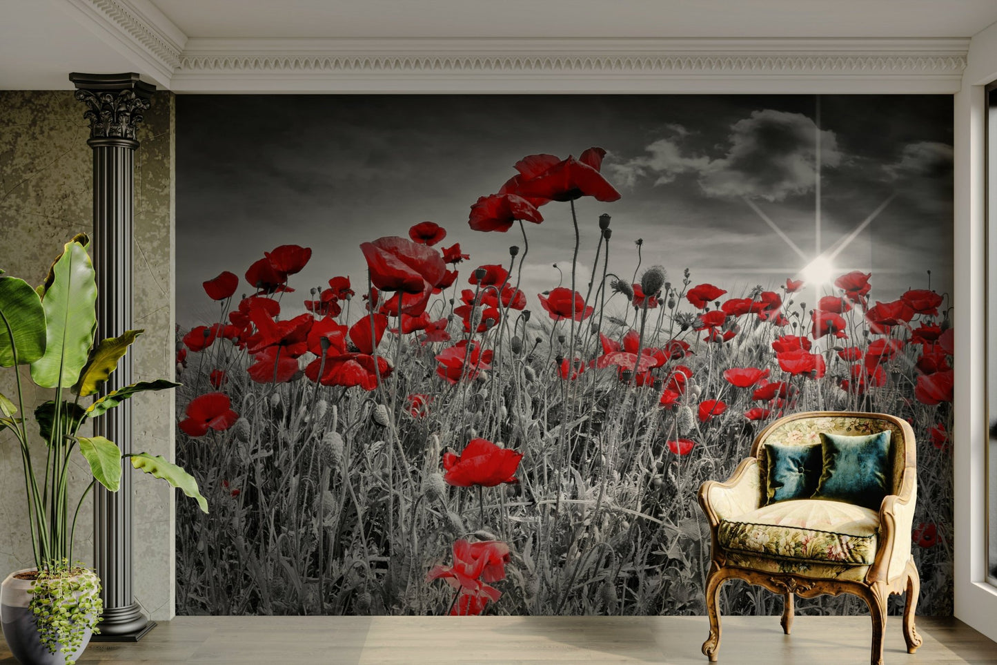 Peel and stick poppy field wall mural with sun

