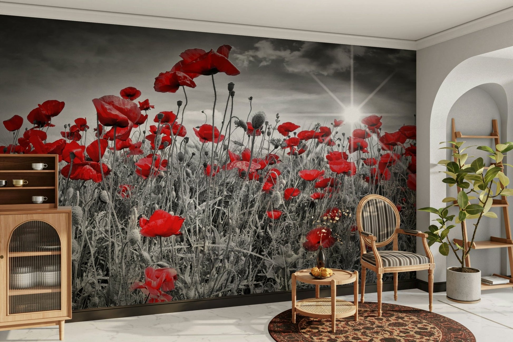 Soft poppies in field wall mural with glowing sunlight

