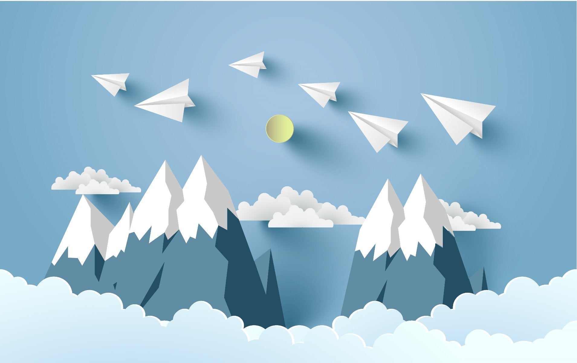 Fliegende Flugzeuge auf Bergschale und Stickwolken für Kinder in your room — zoomed