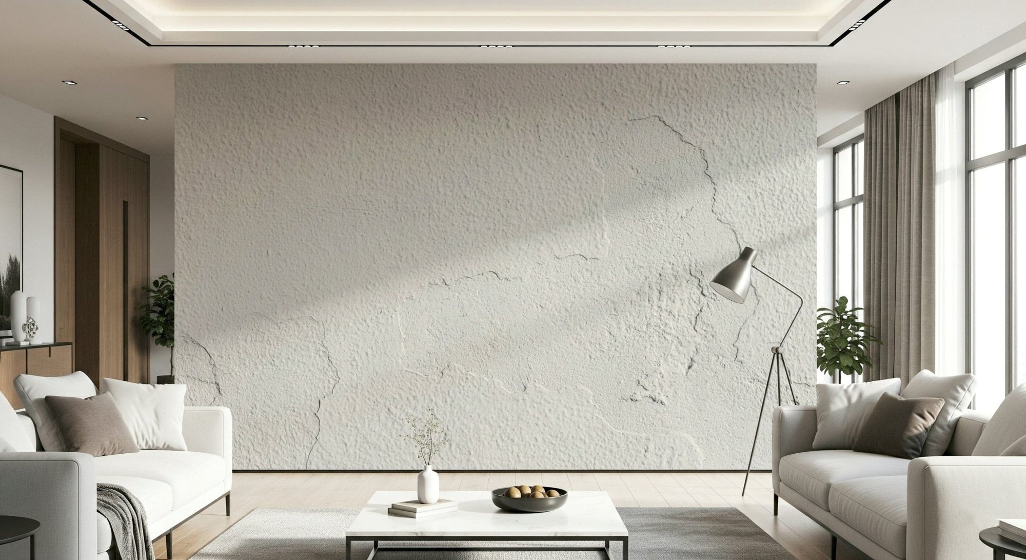 Imperfect White Wall Wall Mural featuring textured white surfaces with subtle cracks and weathered details for rustic interiors.