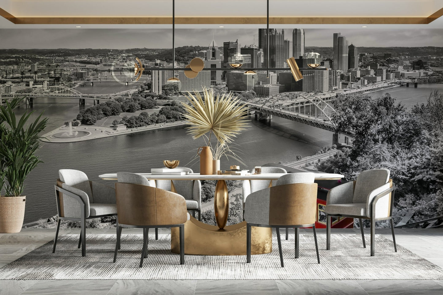 Colorkey style Pittsburgh skyline mural for bold interiors

