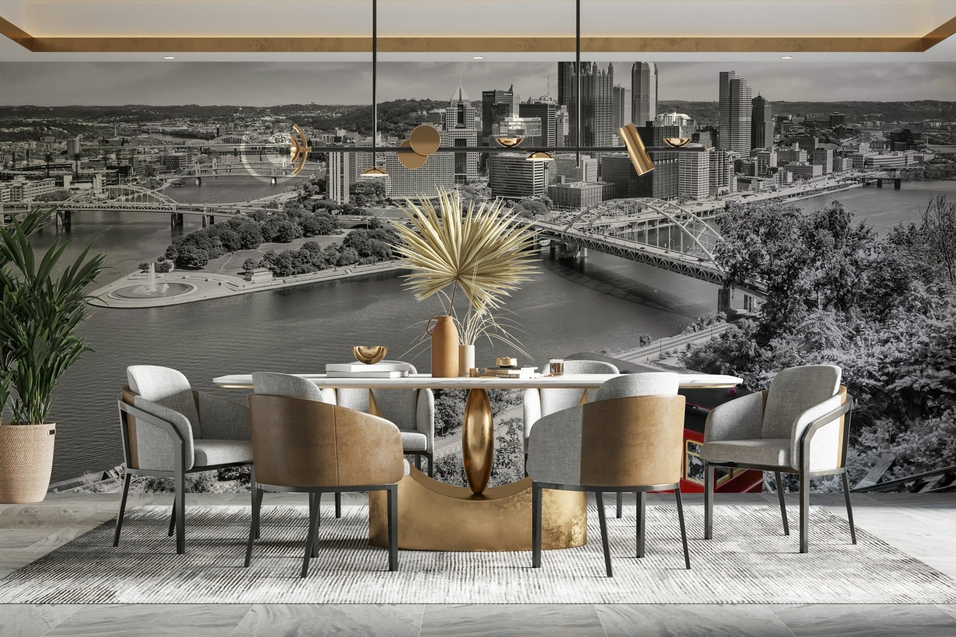 Colorkey style Pittsburgh skyline mural for bold interiors

