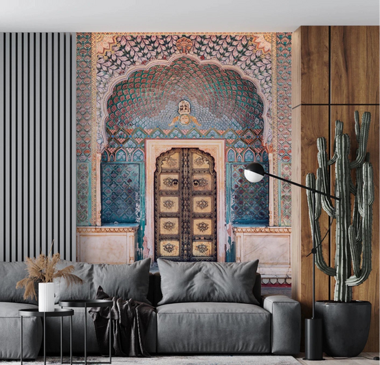 Indian Palace Door wallpaper mural of an ornate teal and gold palace doorway above a grey sofa