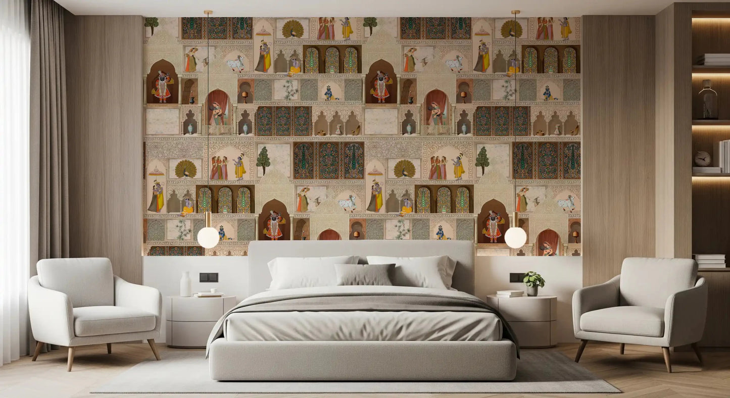 Pictură murală narativă cu un palat indian