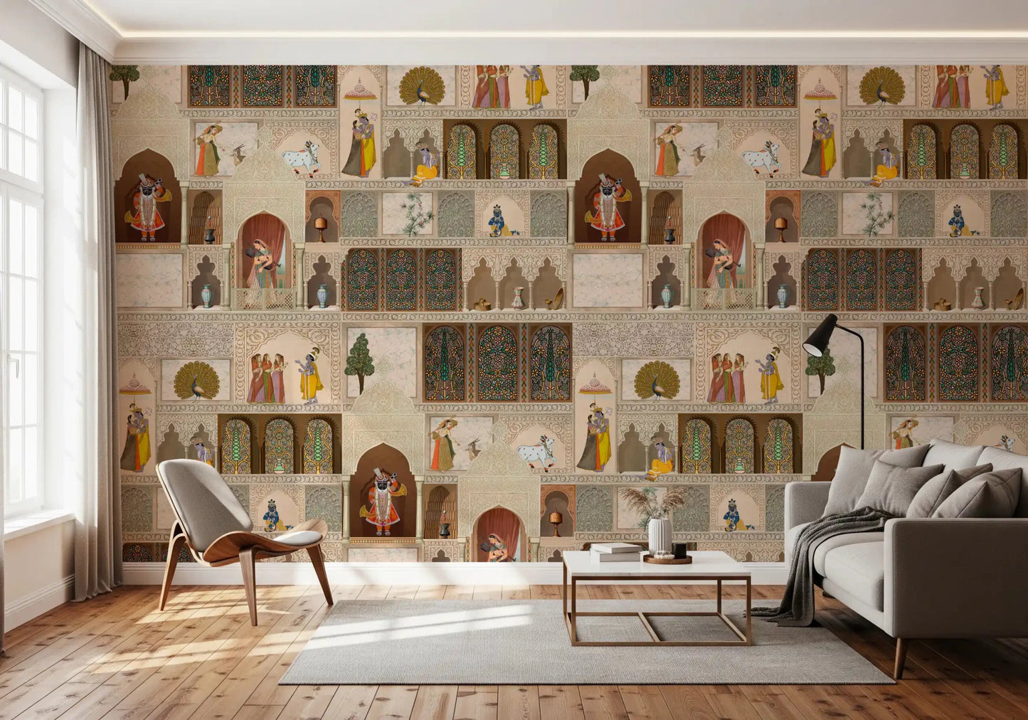 Pictură murală narativă cu un palat indian