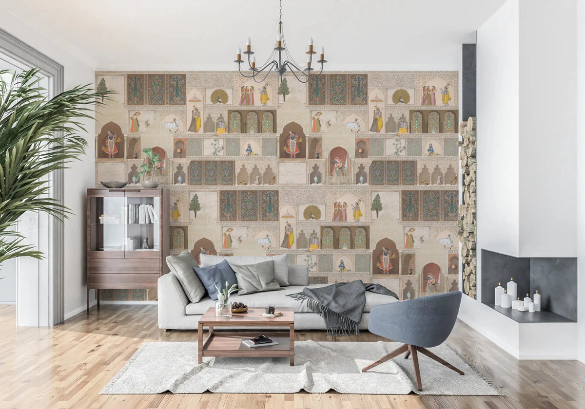 Indian Palace Narrative wall mural for hallway featuring peacocks and palace windows