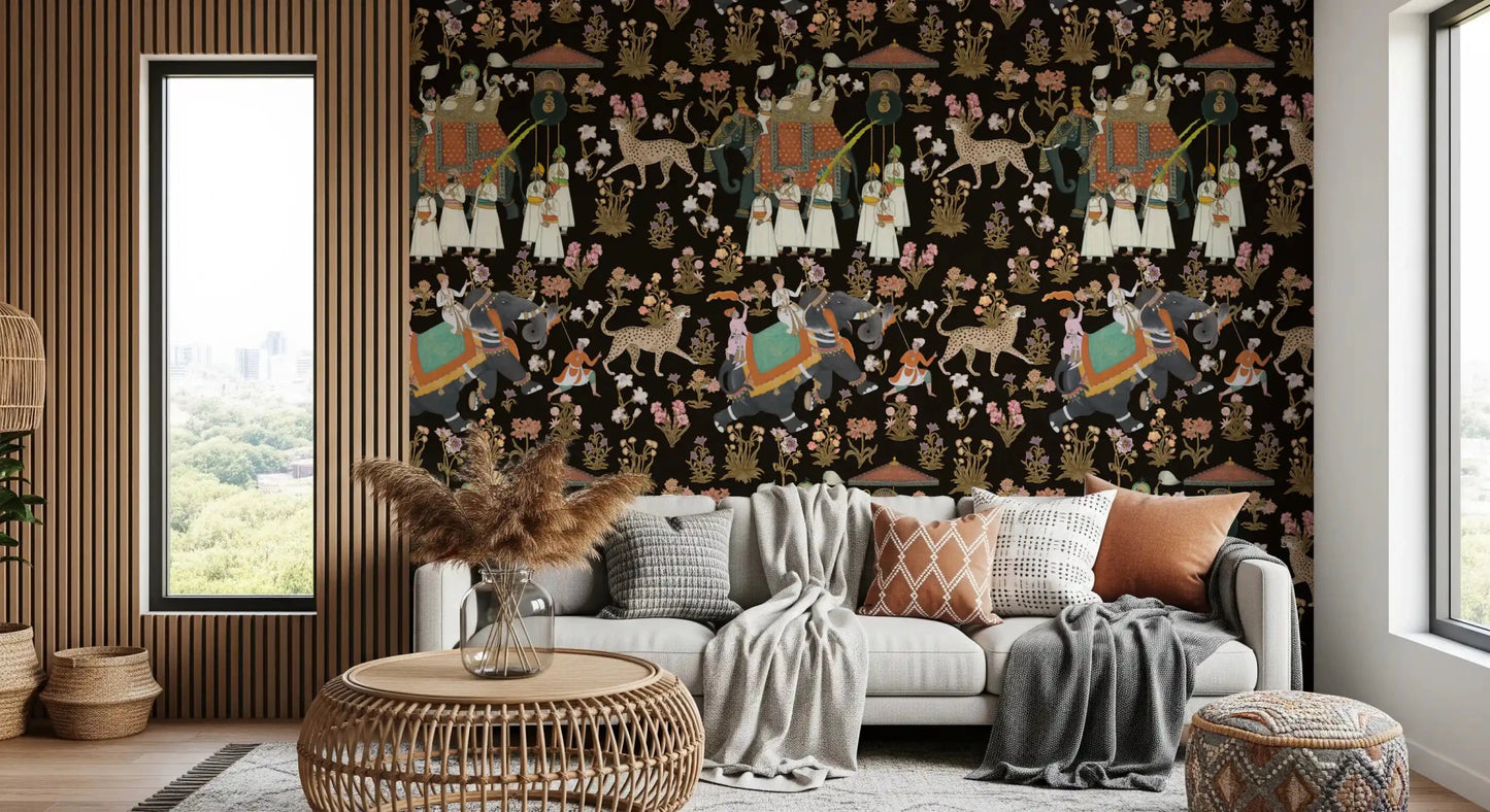 Antique aesthetic Indian Palace Procession Wall Mural for hallway.