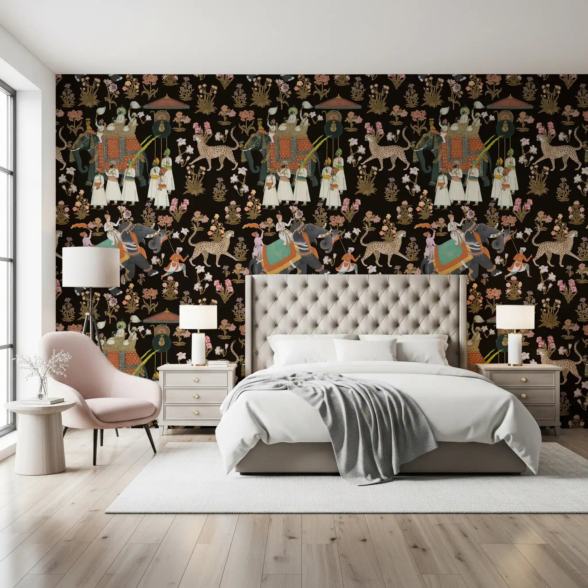 Regal maharajah parade wall mural with intricate gold and red details.