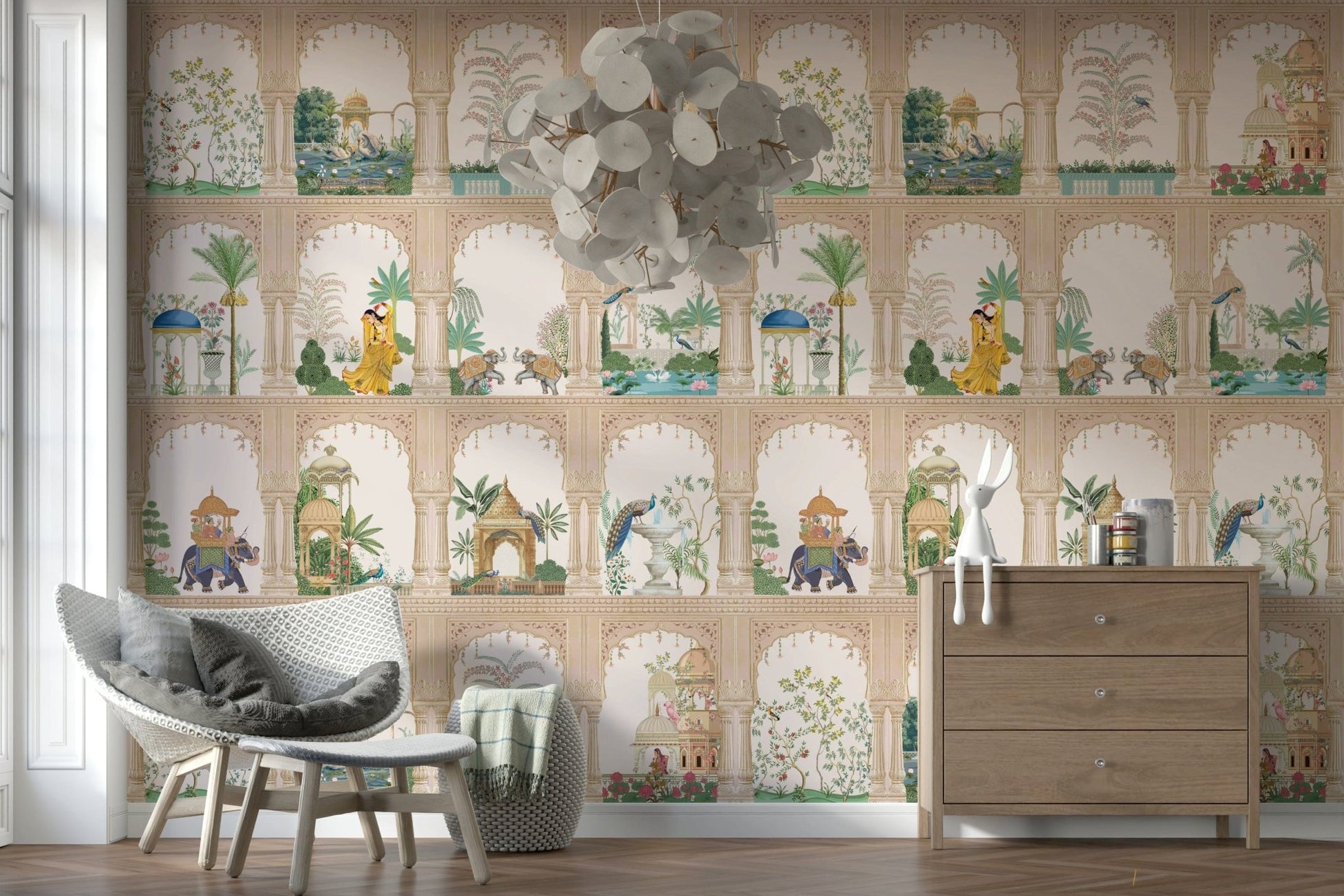 Large scale peel and stick wallpaper showing a scenic balcony view of India.