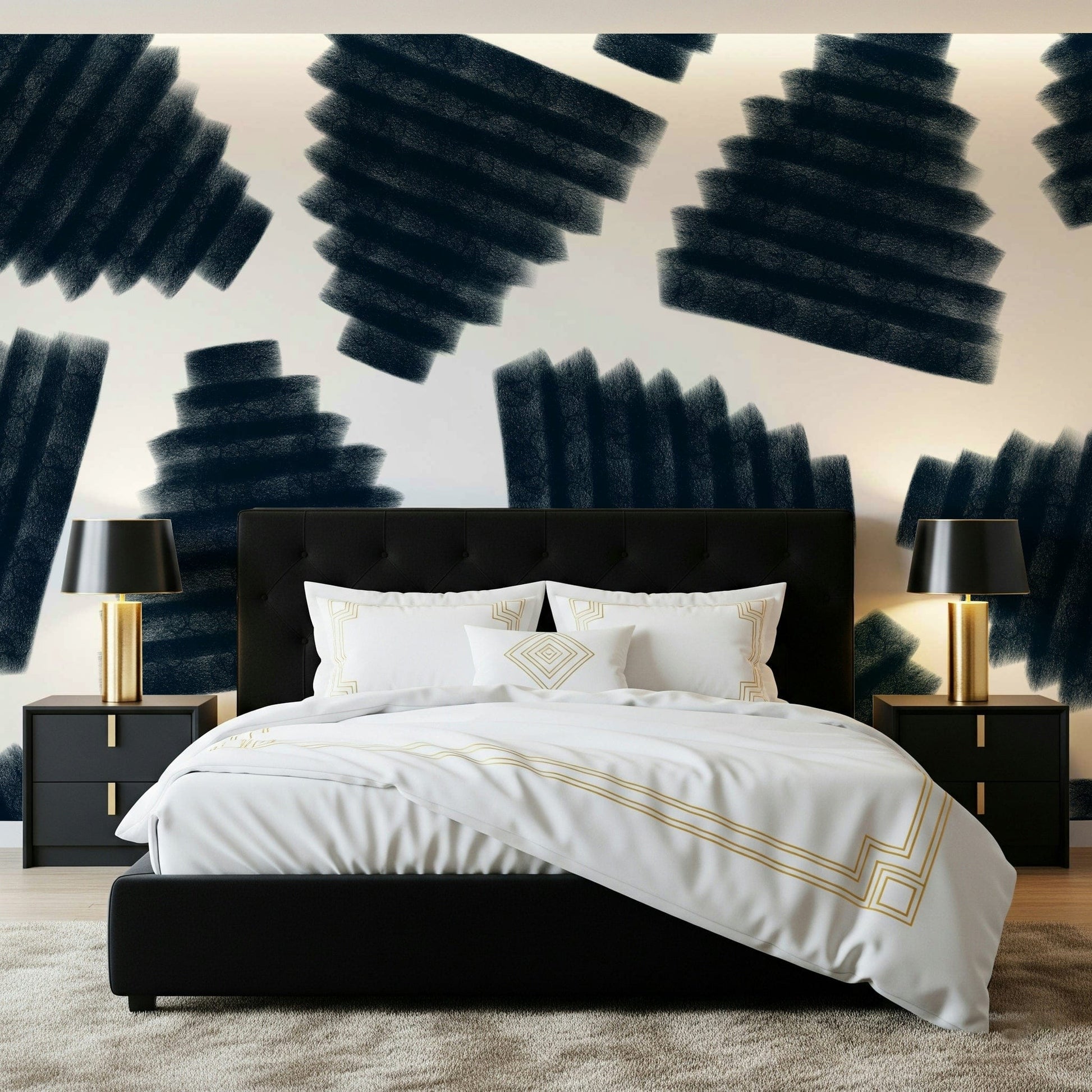 Modern wall mural with indigo abstract design creating a calm and sophisticated atmosphere.