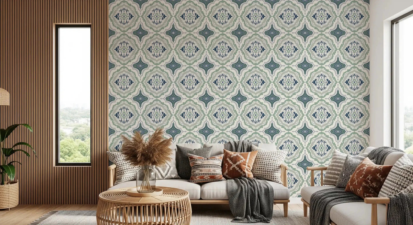 Detailed Indigo Bloom Tiles Wallpaper with leaf illustrations