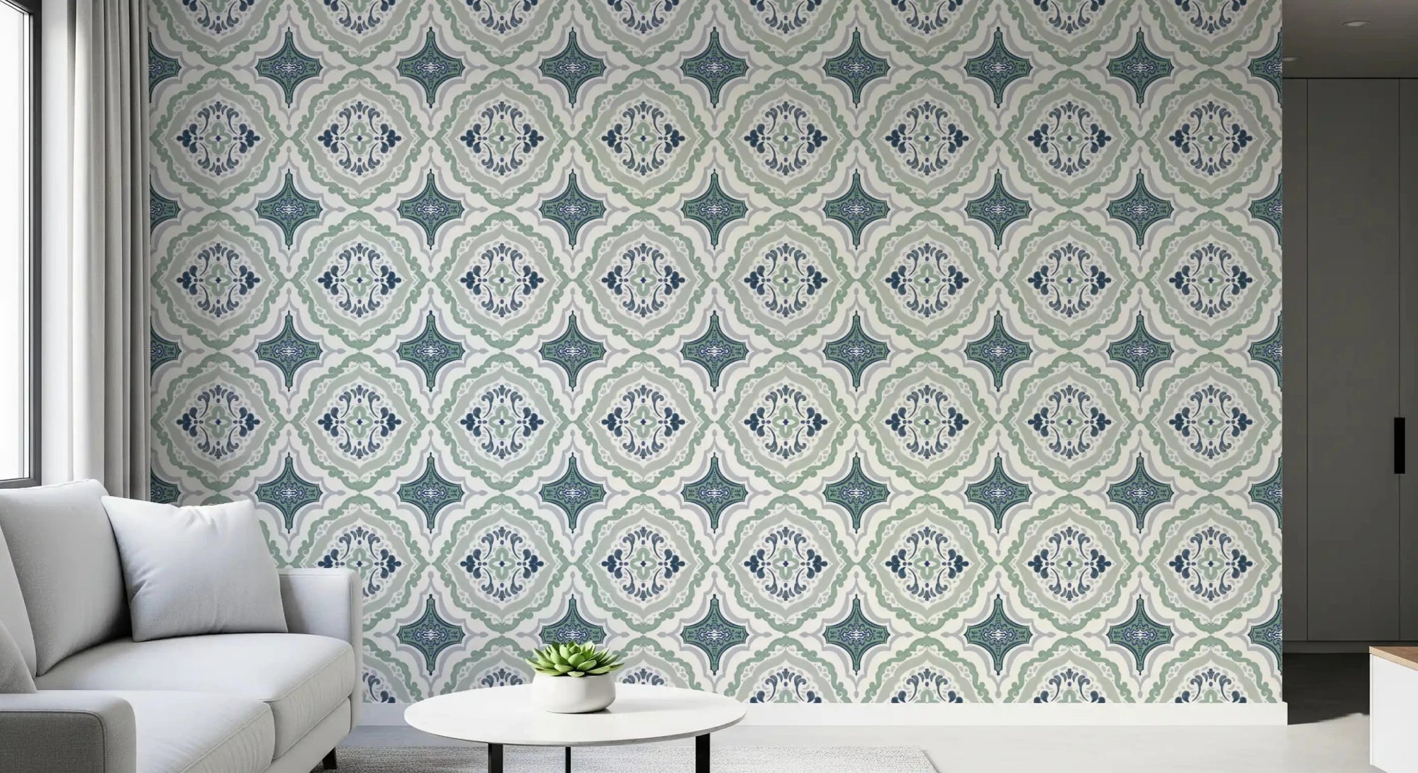 Indigo Bloom Tiles Wallpaper featuring dark blue botanical motifs for hallway 