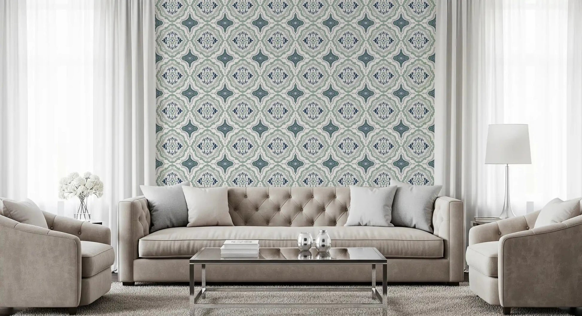 Elegant Indigo Bloom Tiles Wallpaper in a minimalist style