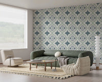Symmetrical floral patterns on Indigo Bloom Tiles living room wallpaper 