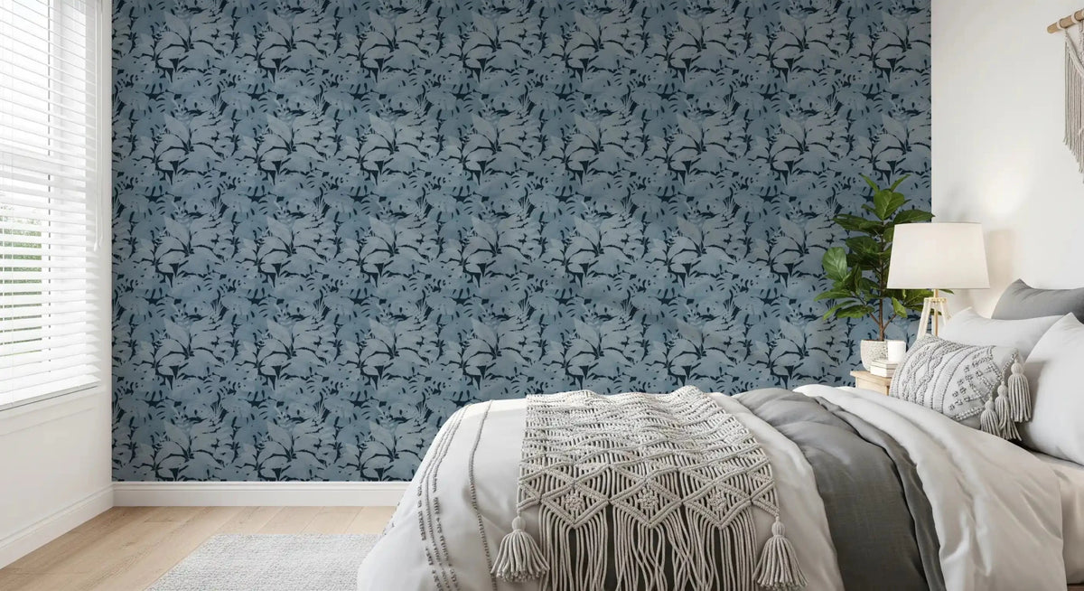 Bedroom Indigo Botanical Monstera wallpaper with tropical leaf print
