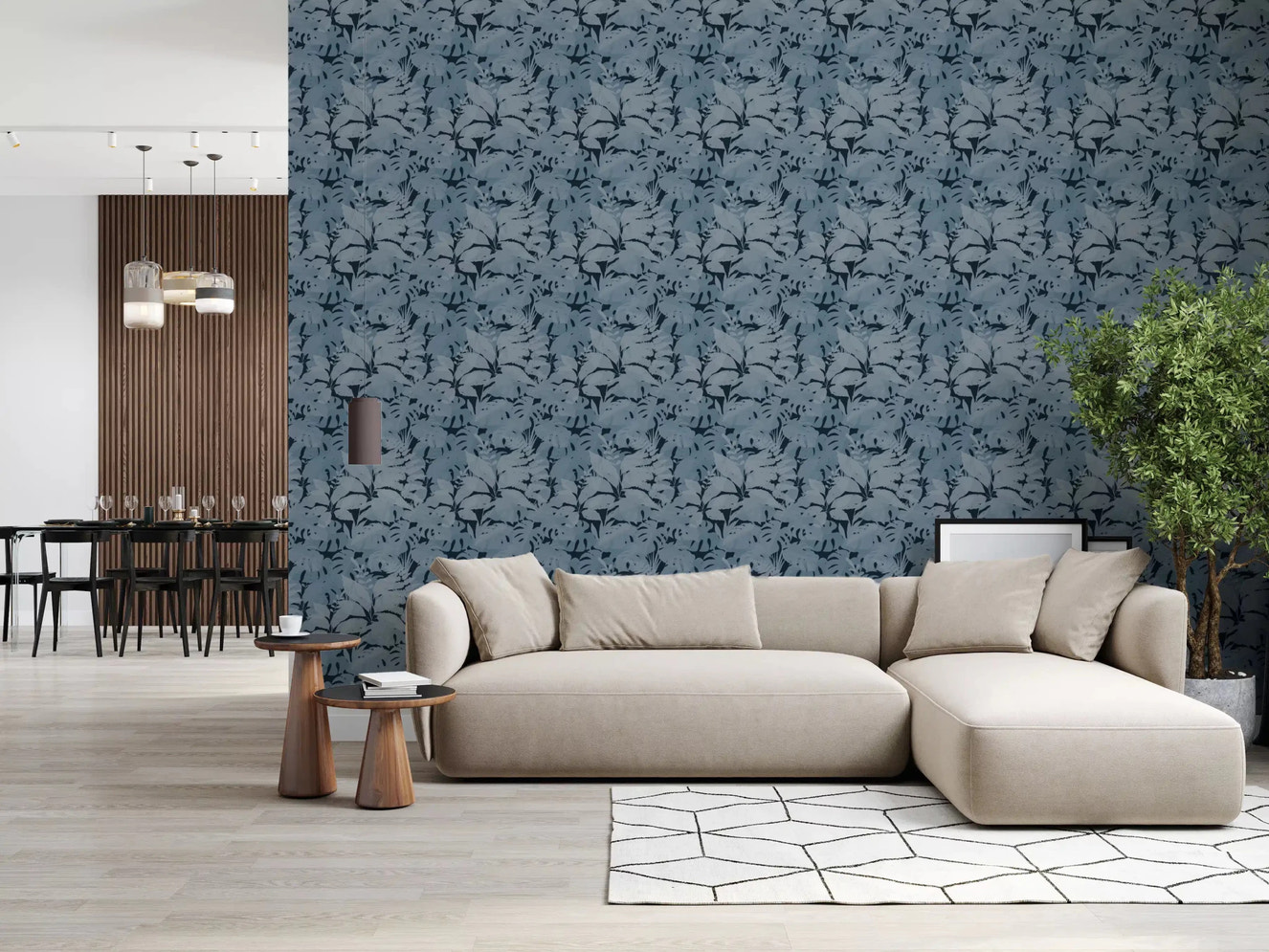 Indigo Botanical Monstera wallpaper in living room with layered leaves