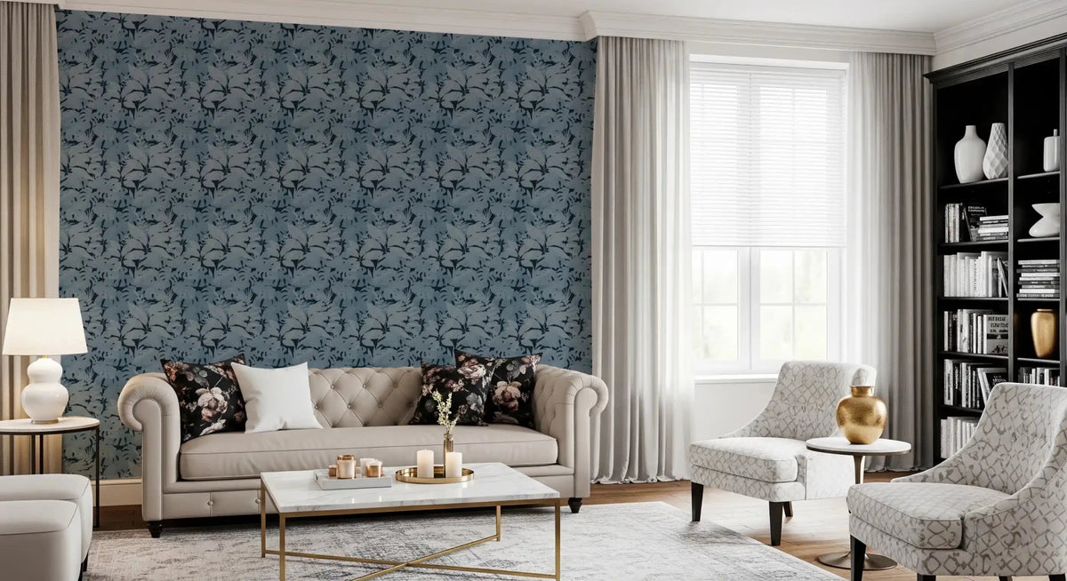 Hallway Indigo Botanical Monstera wallpaper featuring dark foliage
