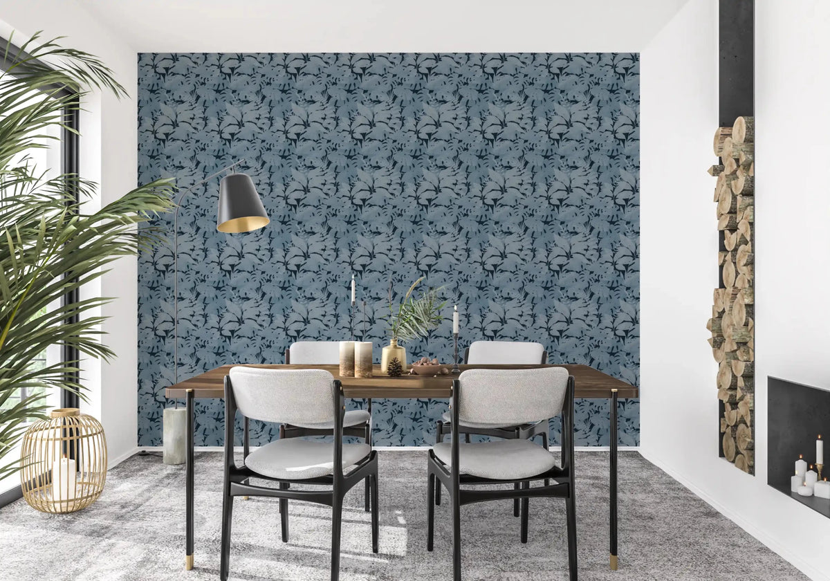 Indigo Botanical Monstera wallpaper with oversized leaf shapes