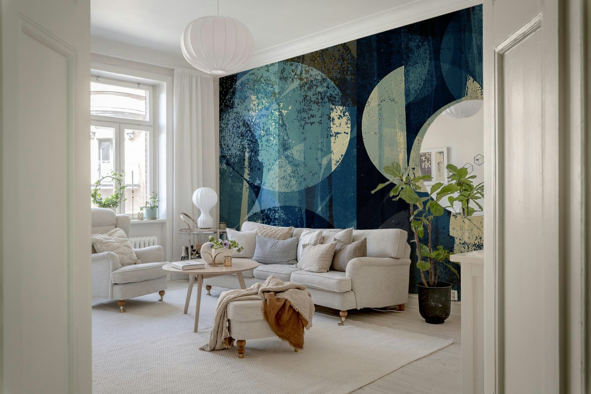 A graceful subtle pattern wall mural in cool, indigo tones.