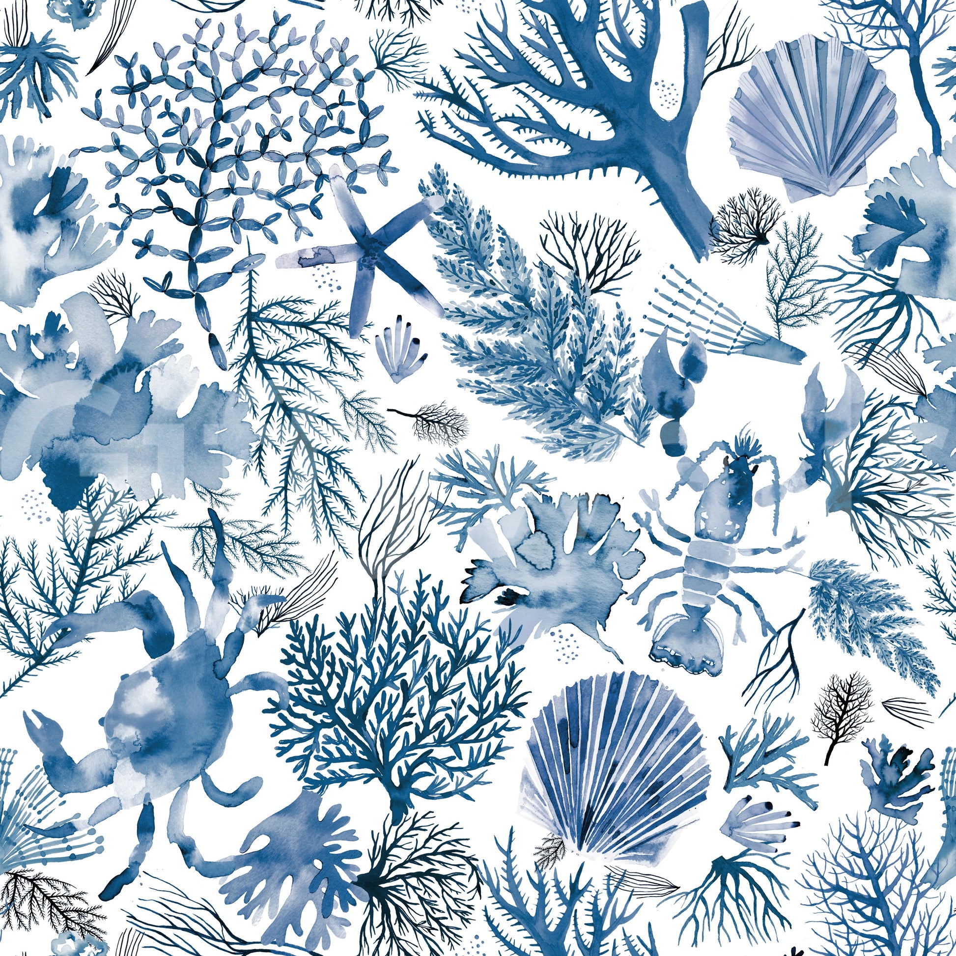 Indigo marine wallpaper with artistic coral sketches

