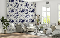 Vintage tile-style floral wallpaper in home office, indigo pattern, clean workspace backdrop