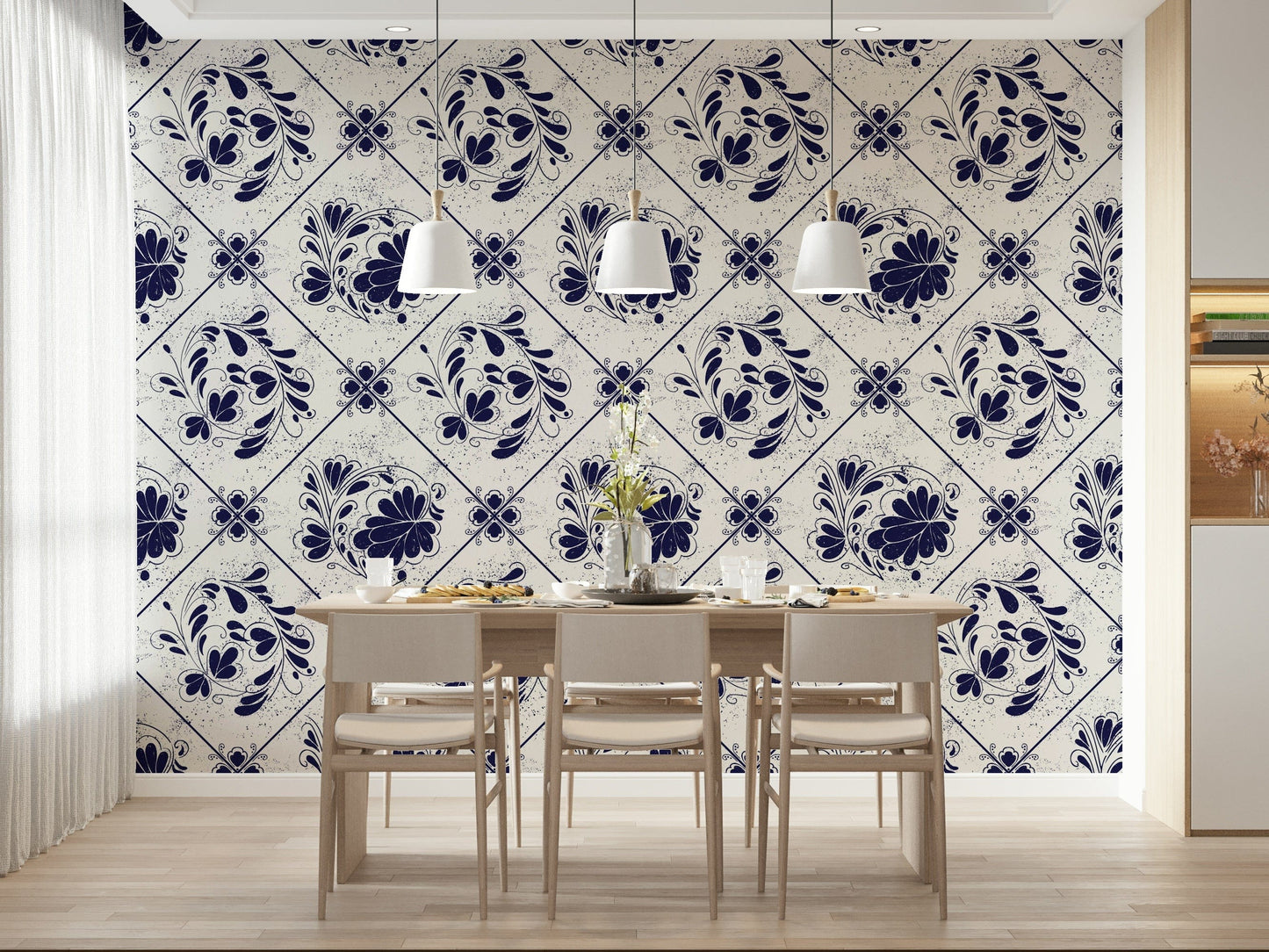 Indigo tile floral wallpaper in nursery, gentle vintage pattern, soft home décor look