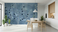Reading nook with indigo bloom mural, cool colour accents