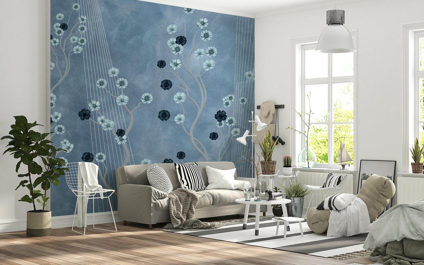 Indigo floral wall mural in home office, clean styling backdrop