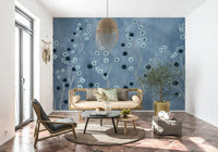 Living space with indigo mural, modern feature wall style