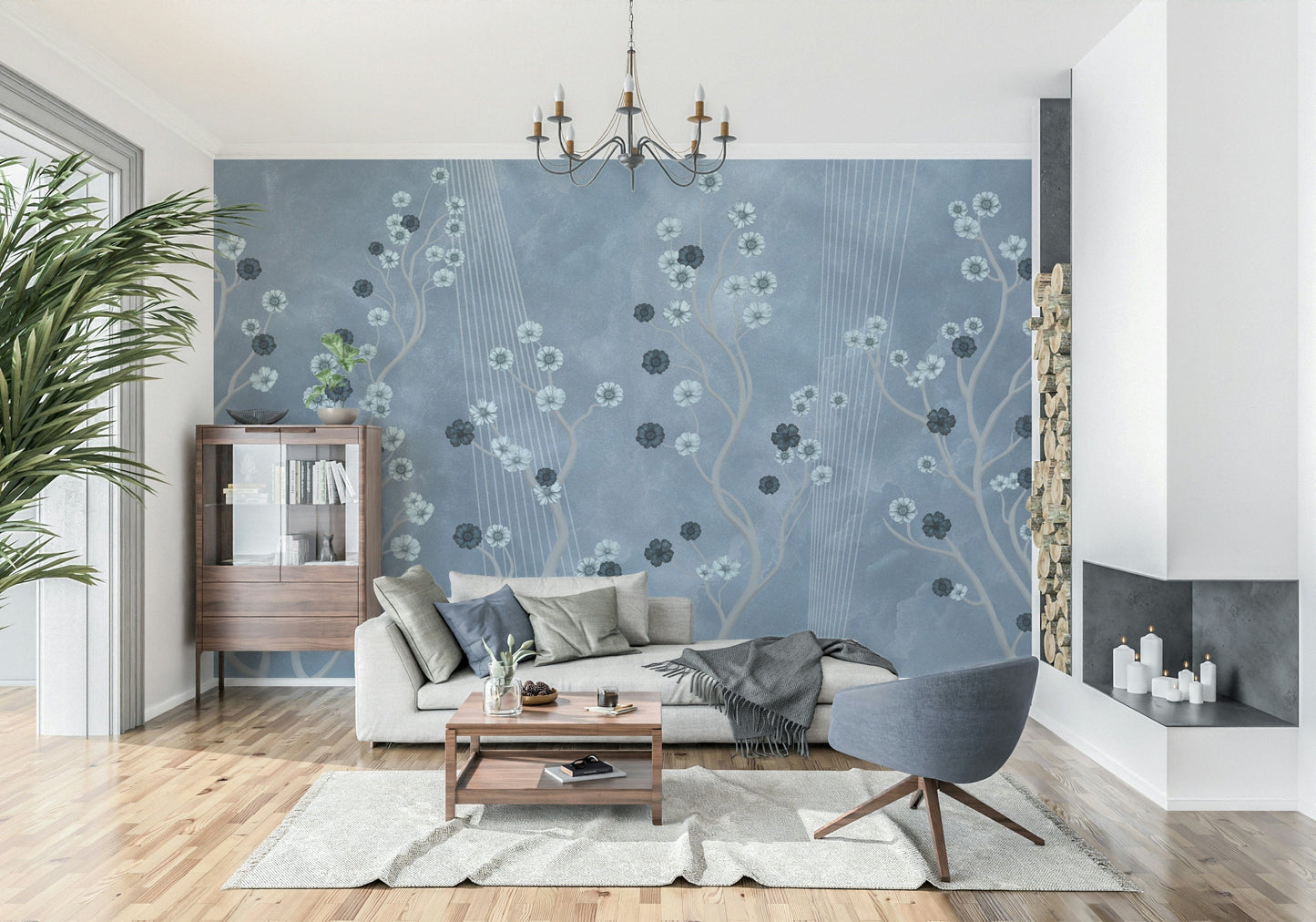 Entryway mural with indigo floral design, modern home styling