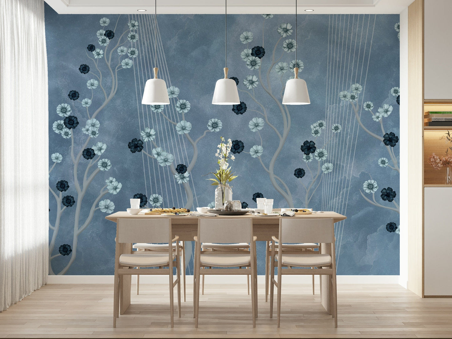 Indigo Bloom Trail Wall Mural behind sofa, home styling