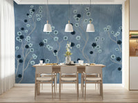 Indigo Bloom Trail Wall Mural behind sofa, home styling
