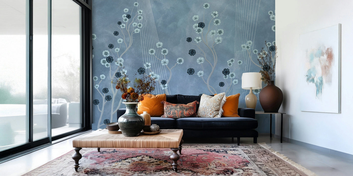 Indigo bloom mural in bedroom, calm colour tones and detail