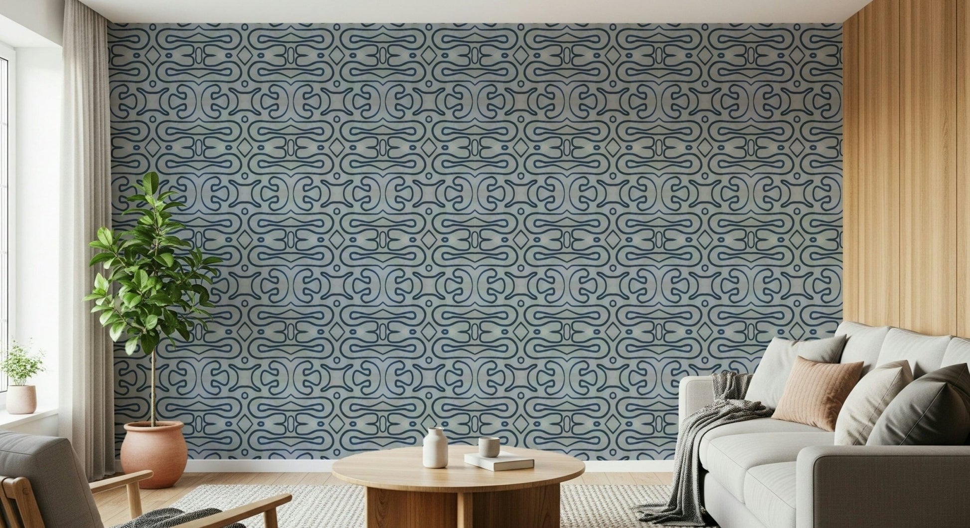 Modern ink-blue labyrinths grace Indigo Flow peel and stick wallpaper.