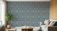 Modern ink-blue labyrinths grace Indigo Flow peel and stick wallpaper.