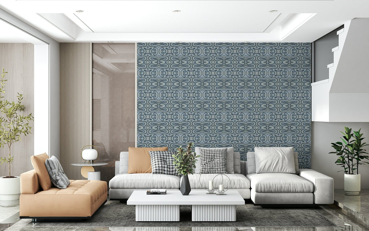Indigo Flow wallpaper mural with interlocking azure wave shapes.