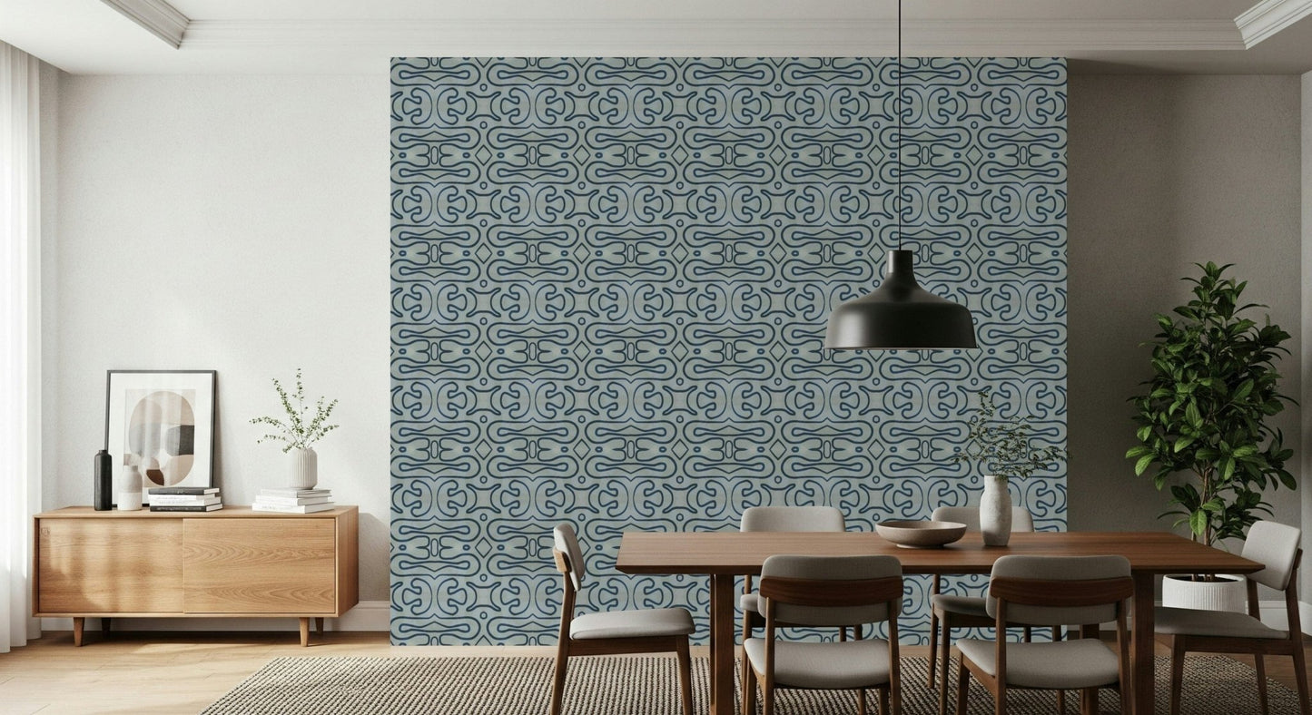 Indigo Flow wallpaper mural showcasing mesmerizing cobalt fluid geometry.