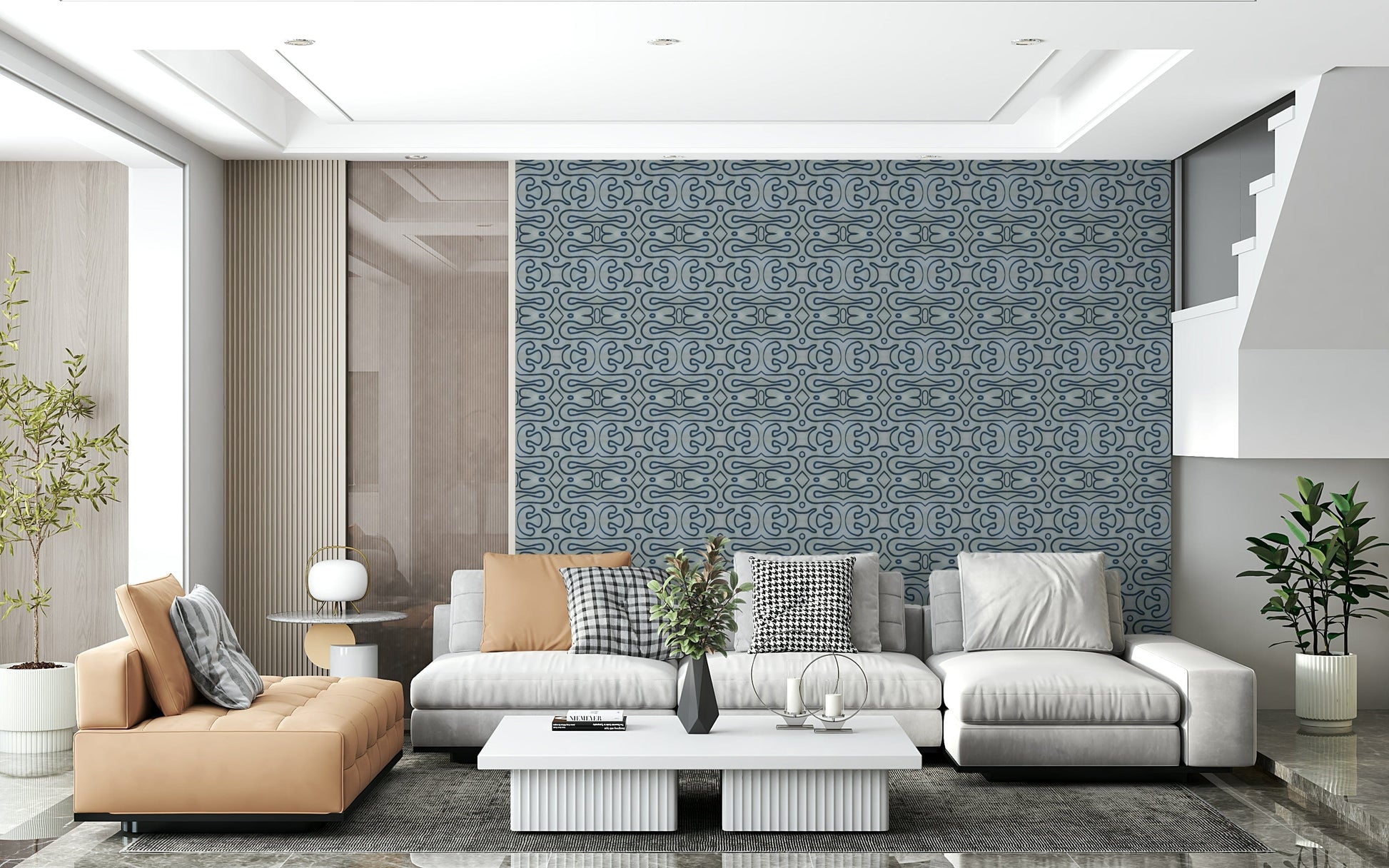 Indigo Flow wallpaper mural with interlocking azure wave shapes.