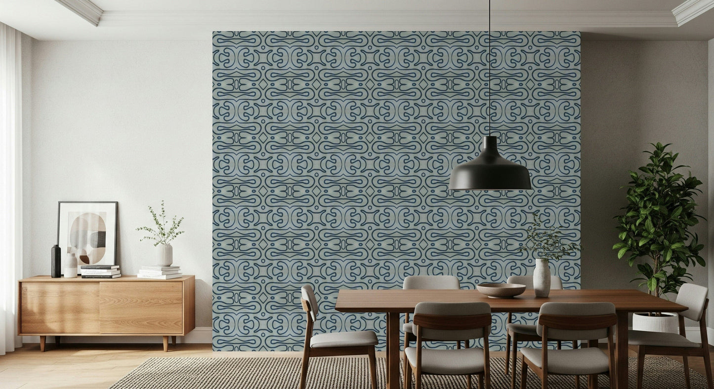 Indigo Flow wallpaper mural showcasing mesmerizing cobalt fluid geometry.