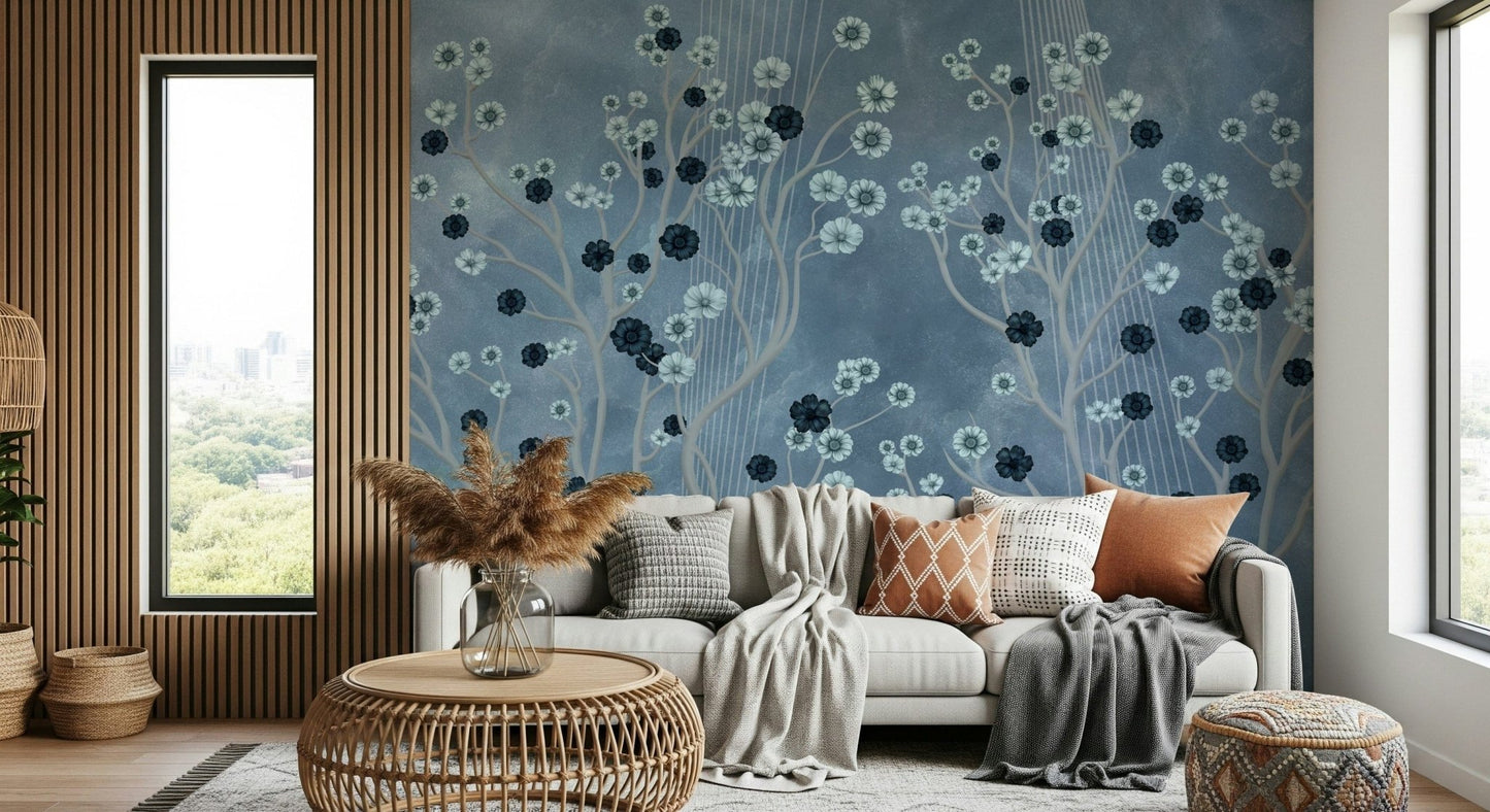Indigo canopy mural in hallway, modern home décor in calm colour