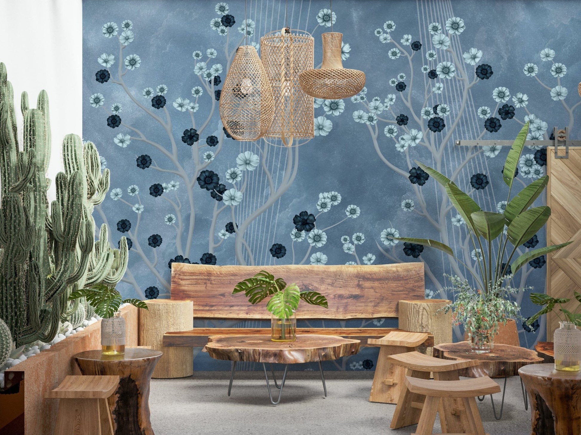 Indigo Flower Canopy Wall Mural behind sofa, home décor