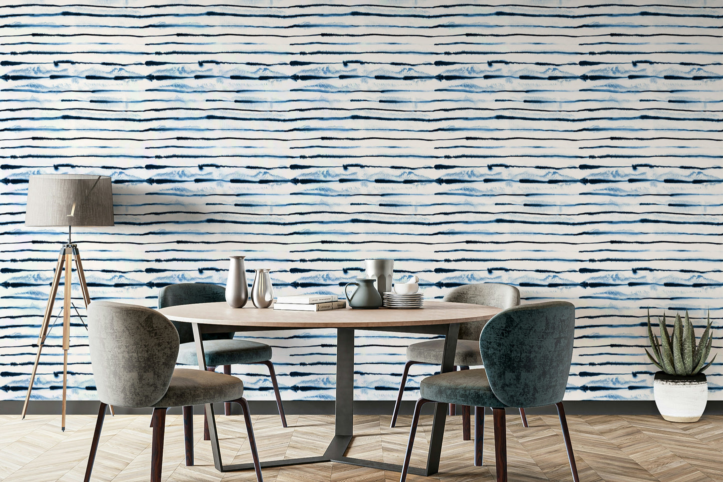 Electric ink blue striped wallpaper for feature walls

