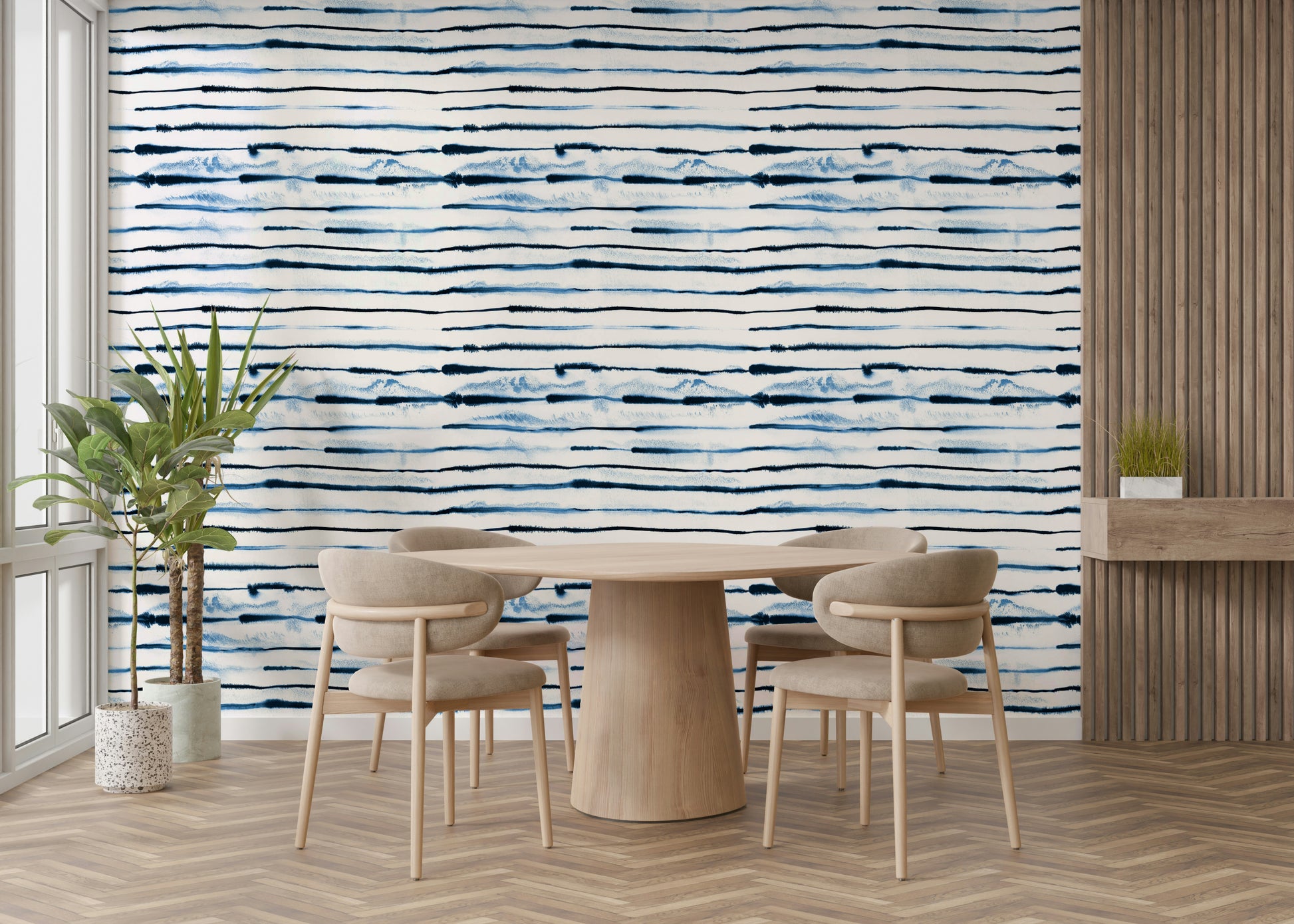 Bold indigo stripes on minimalist wallpaper


