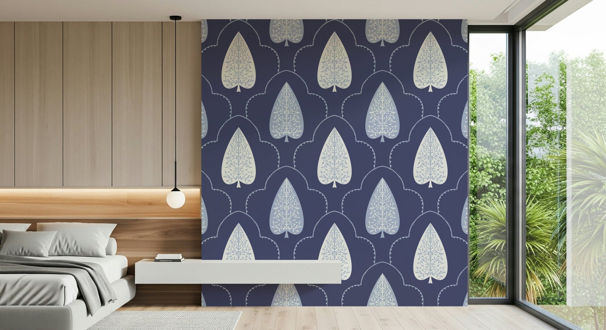 Artistic large leaf motif on Indigo Grove Botanical Echoes Wallpaper wallpaper.