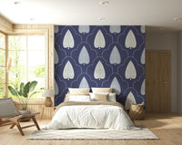 Deep indigo blue colors define Indigo Grove Botanical Echoes Wallpaper for walls.