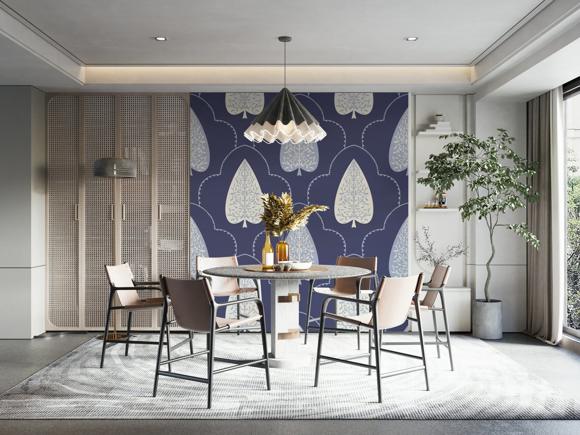 Ornate spade shape pattern on Indigo Grove Botanical Echoes Wallpaper mural.